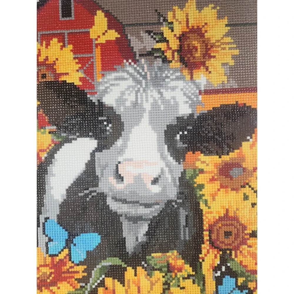 Completed Gem Art Cow Sunflowers County Barn 15.5 Inches X 11.75 Inches Canvas